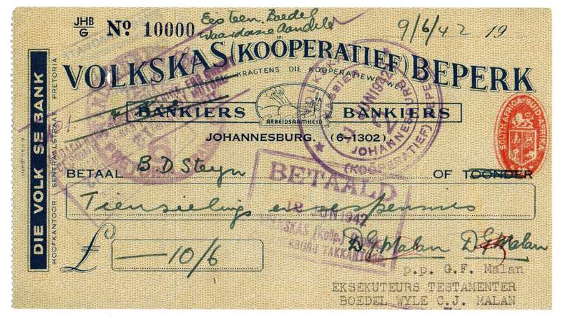 1942 Volkskas (Kooperatief) Beperk Cheque #10000, Johannesburg, 10 Shillings and 6 Pence from C. J.