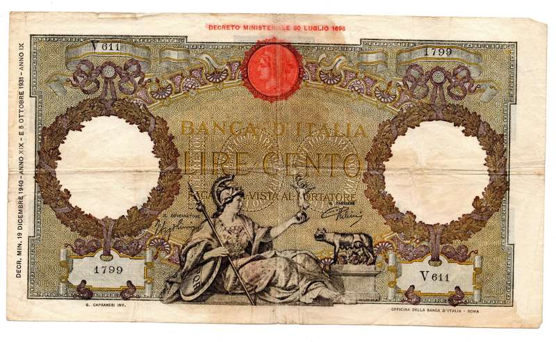 5 October 1931 Italy 100 Lire Pick#55a, folds and centre fold hole