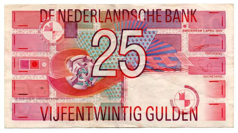 1999 Netherlands 25 Gulden Pick#91b, verticle and corner folds