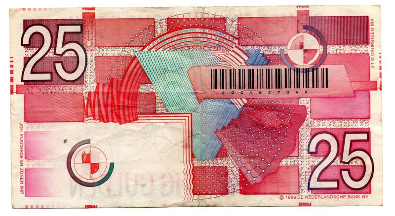 1999 Netherlands 25 Gulden Pick#91b, verticle and corner folds