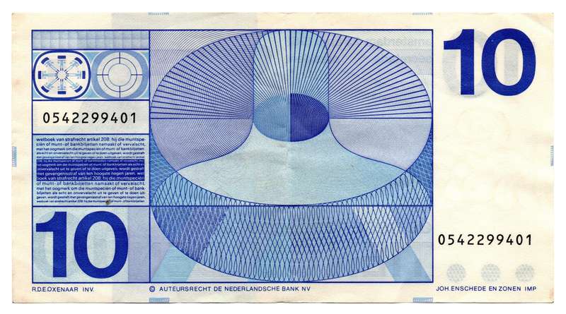 1968 Netherlands 10 Gulden plain Bullseye variety Pick#91b, verticle and corner folds