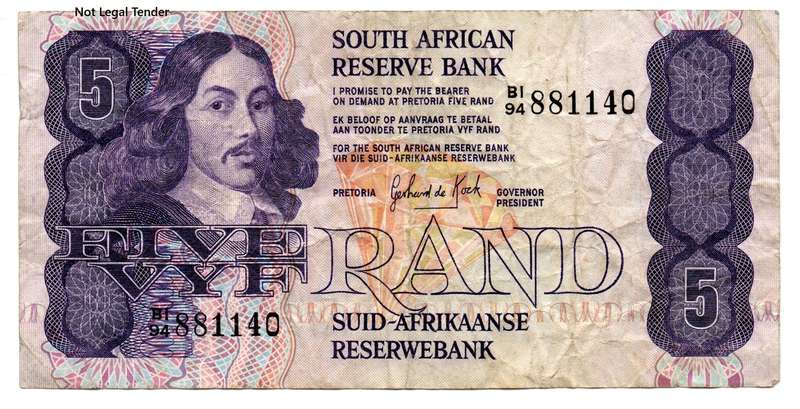 Scarcer 1981 South Africa GPC De Kock First Issue R5 "BI", circulated condition, no tears or pinhole