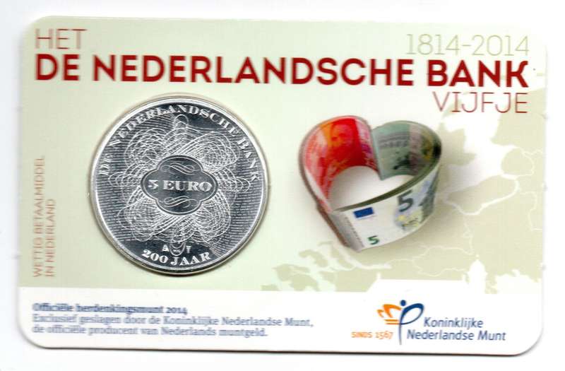 2013 Netherlands Commemorative 5 Euro 200th anniversary of The Dutch Bank 220k Minted KM#353