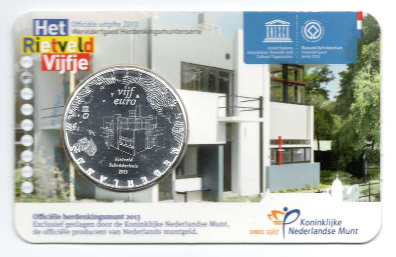 2013 Netherlands Commemorative 5 Euro Rietveld Schröderhuis 10k Minted KM#336