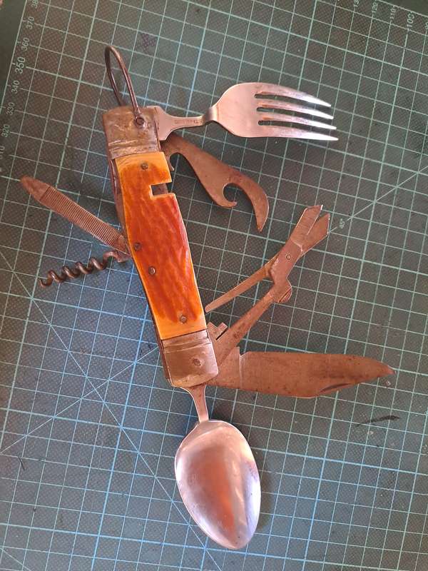 Vintage 1950 multitool camping tool with bone handle scales