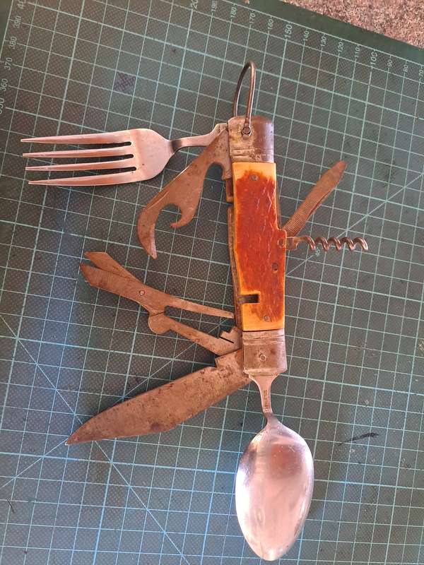 Vintage 1950 multitool camping tool with bone handle scales