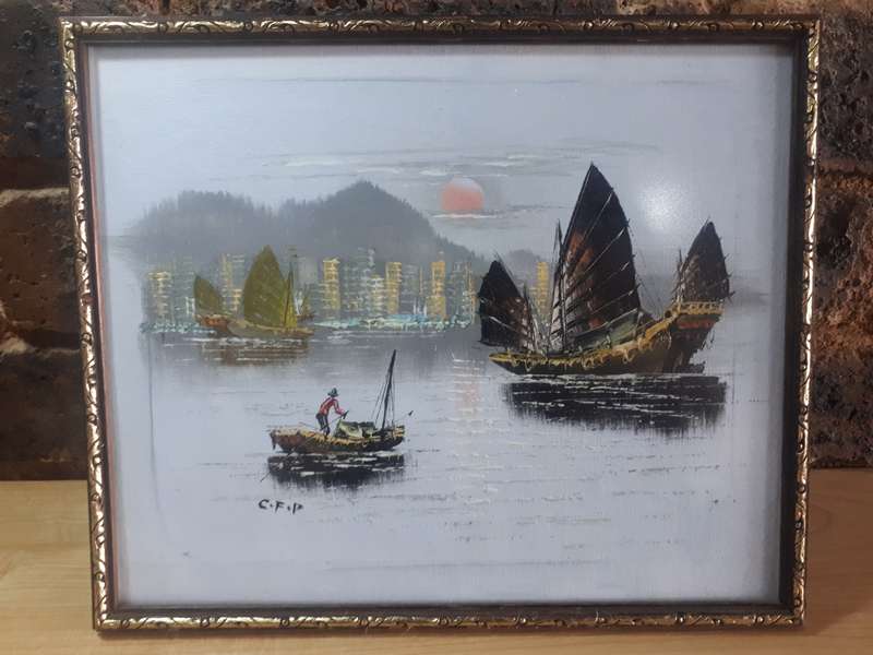Oil painting depicting Hong Kong harbour at sunset