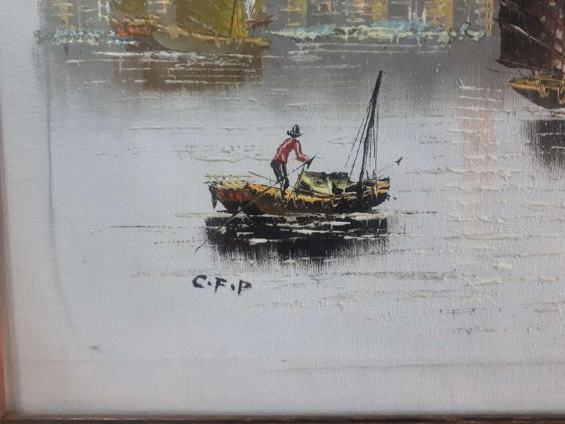 Oil painting depicting Hong Kong harbour at sunset