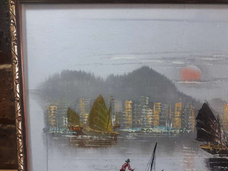 Oil painting depicting Hong Kong harbour at sunset