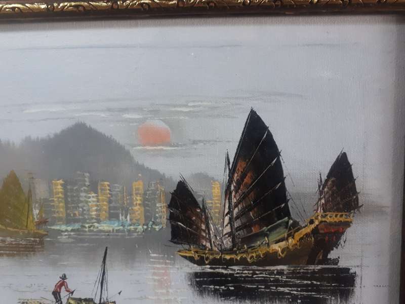 Oil painting depicting Hong Kong harbour at sunset