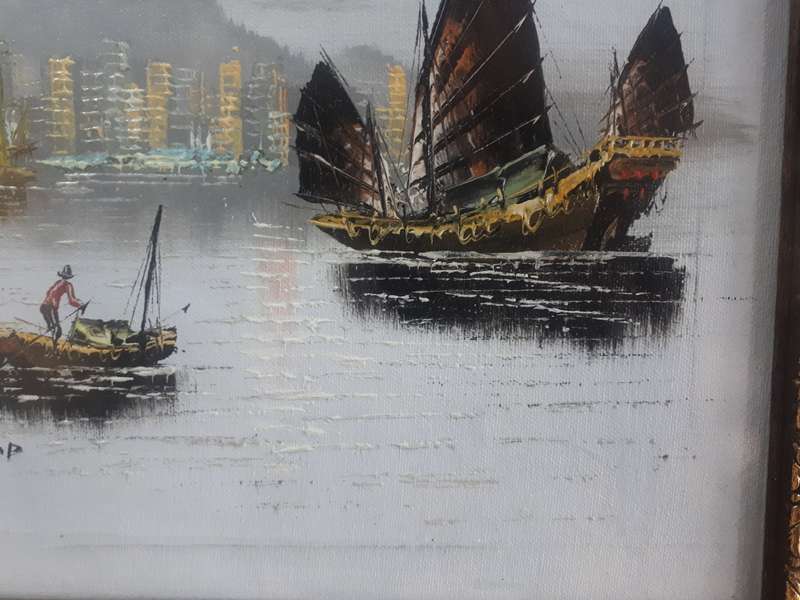 Oil painting depicting Hong Kong harbour at sunset
