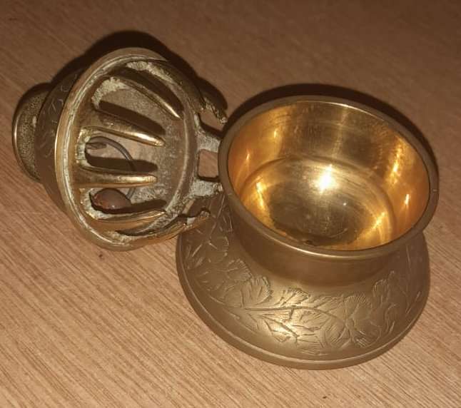 antique solid brass elephant claw bell engraved leaf pattern with base