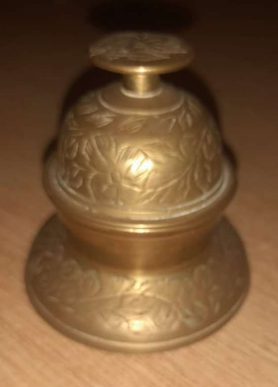 antique solid brass elephant claw bell engraved leaf pattern with base