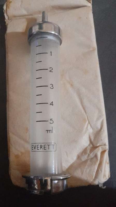 glass and steel syringe set 5ml with needles in sterilising box (British made)