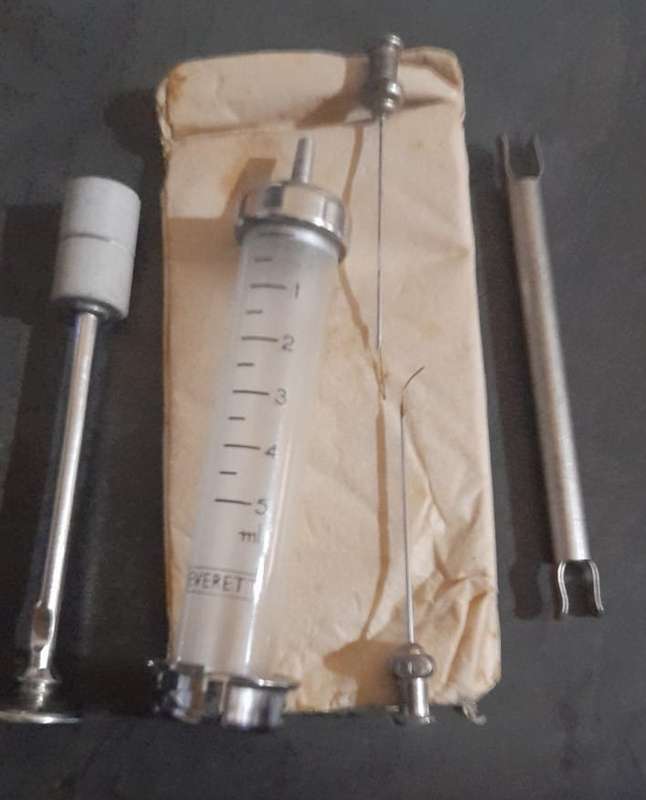 glass and steel syringe set 5ml with needles in sterilising box (British made)