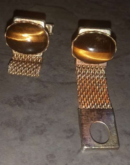Vintage Cuff Links ~ tigers eye goldtone mesh wrap-around 60s