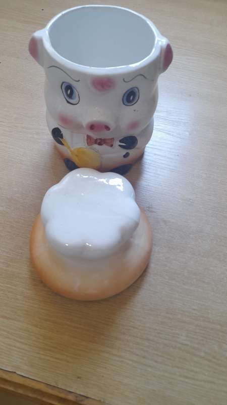 vintage Pig Chef Cookie jar ceramic red bow-tie blue eyes