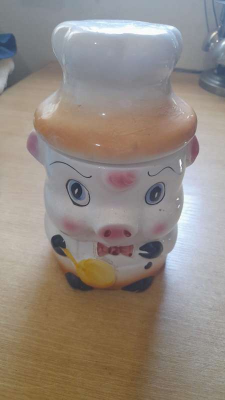 vintage Pig Chef Cookie jar ceramic red bow-tie blue eyes
