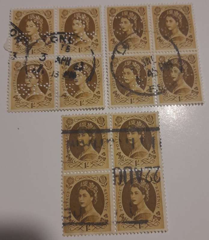 3 blocks of four 1/- QEII postage stamps