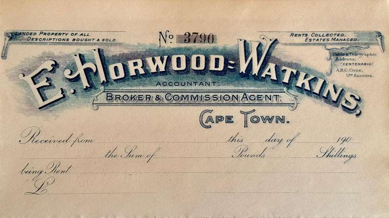 Rare c.1900 Cape Town Rent Receipt  E. Horwood-Watkins Broker & Commission Agent (24.5 cm x 14 cm)