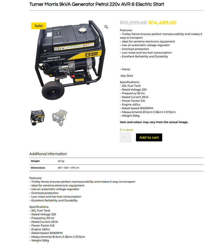 Turner Morris 8kVA Generator Petrol 220v AVR & Electric Start