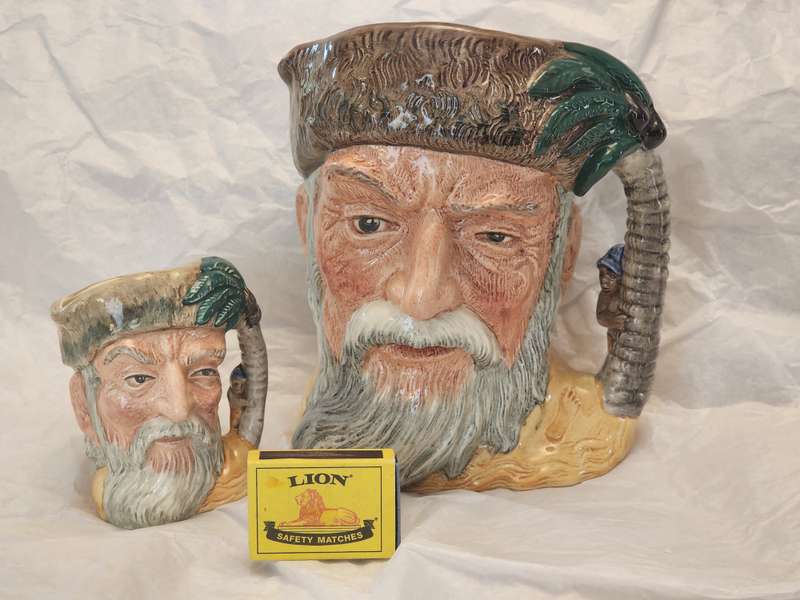 Vintage Royal Doulton  1960 "Robinson Crusoe" LARGE & Small Jugs (2), with FOOTPRINT, superb items!!