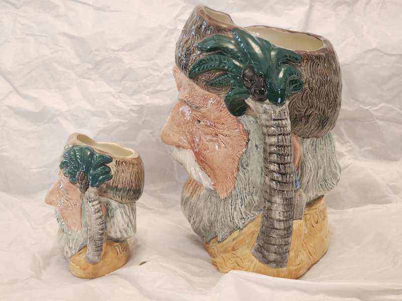 Vintage Royal Doulton  1960 "Robinson Crusoe" LARGE & Small Jugs (2), with FOOTPRINT, superb items!!