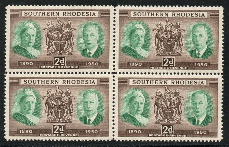 Southern Rhodesia 1950 Diamond Jubilee 2d block of 4 unmounted mint. SACC 72. Cat R60 (2023-25)