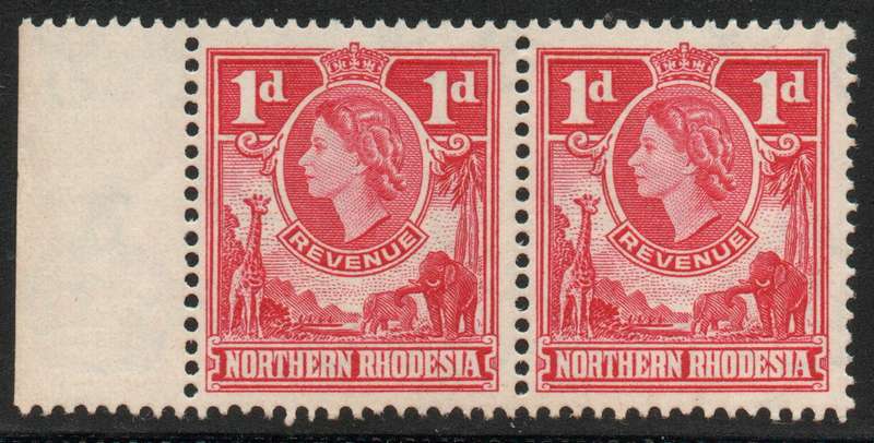Northern Rhodesia 1955 Revenue QEII 1d red horizontal pair unmounted mint. Barefoot 16. Cat £5(2012)