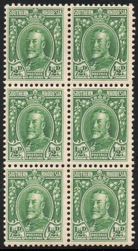 Southern Rhodesia 1931 Field Marshall ½d green perf 11½ block of 6 mint. SACC 15a. Cat R400 (2023)