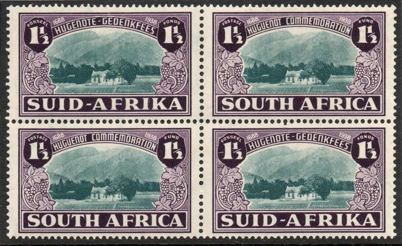 South Africa 1939 250th Anniv of Huguenot landing in SA 1½d + 1½d B4 umm. SACC 83. Cat R1200