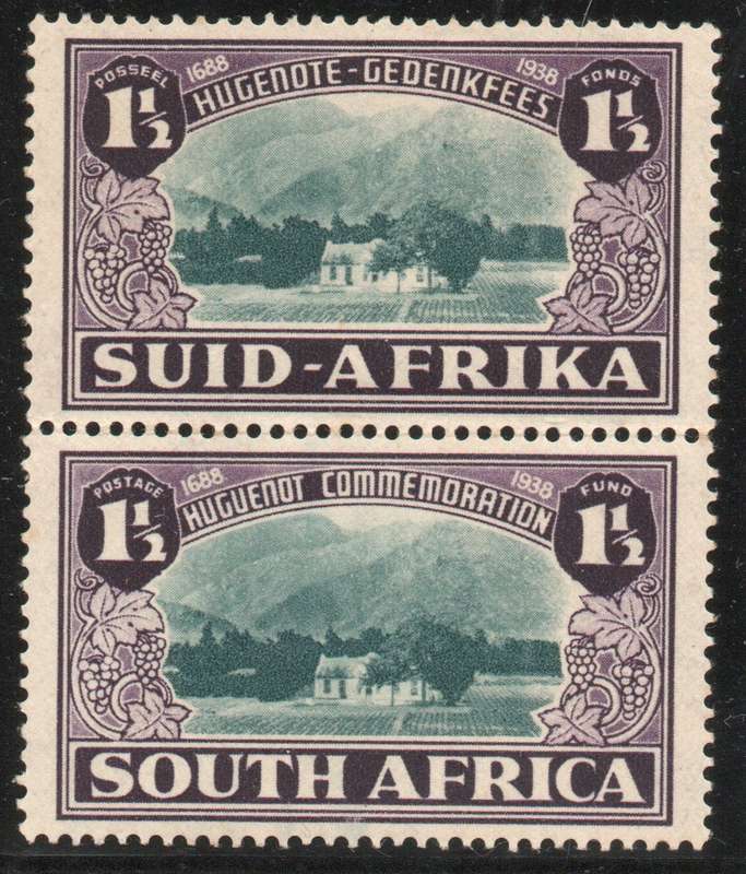 South Africa 1939 250th Anniv of Huguenot landing 1½d + 1½d vert pair umm. SACC 83. Cat R600