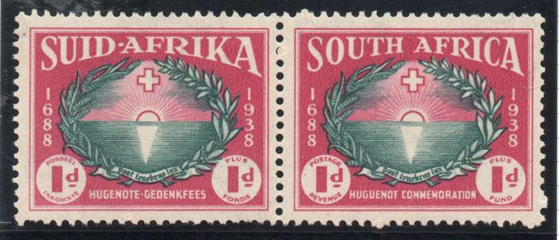 South Africa 1939 250th Anniv of Huguenot landing 1d + 1d horizontal pair mm. SACC 82. Cat R300