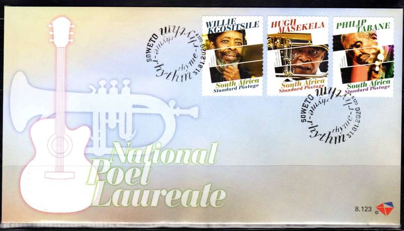 South Africa 2020 Poets of Word & Sound set of 3 on FDC 8.123. Cat R100 (2023-25)