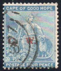 Griqualand West 1877 Cape of Good Hope 4d blue "G.W."  overprinted in red vfu. SACC 3. Cat R2200.