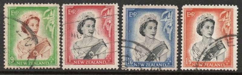 New Zealand 1953-59 QEII definitive 9d - 1/9d very fine used. SG 731-733b. Cat £2,80 (2012)