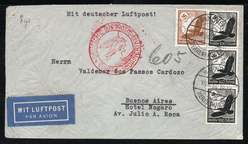 Germany 1936 Air Mail Cover Hannover, Herrenhausen to Buenos Aires Argentina.