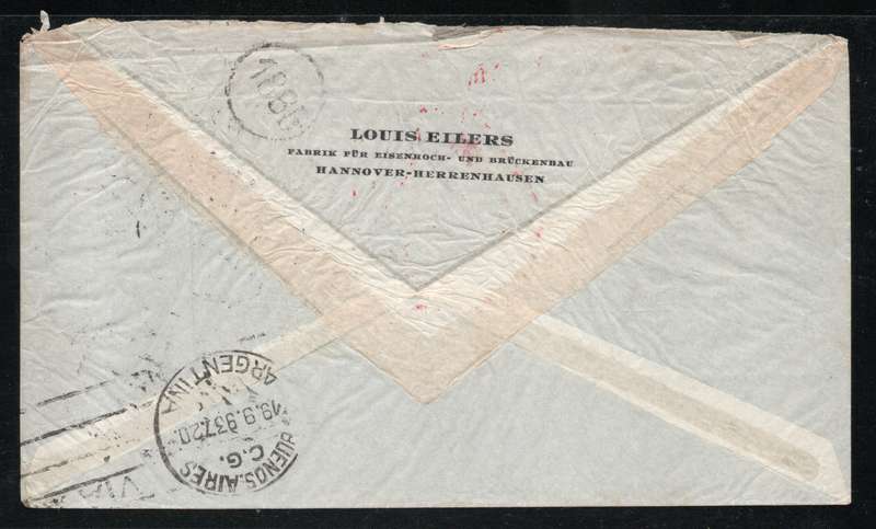 Germany 1937 Air Mail Cover Hannover to Buenos Aires Argentina with scarce 2m 1934 Air stamp. SG 535
