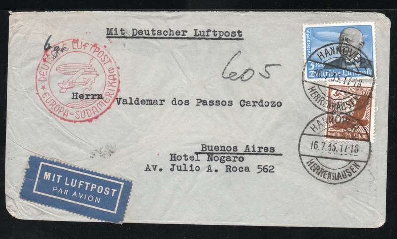 Germany 1935 Air Mail Cover Herrenhausen to Buenos Aires Argentina with scarce 1934 3M Air stamp.