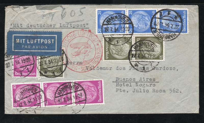 Germany 1934 Air Mail Cover Hannover to Buenos Aires Argentina.
