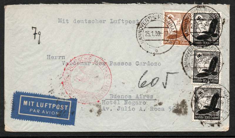 Germany 1939 Air Mail Cover Hannover to Buenos Aires Argentina.