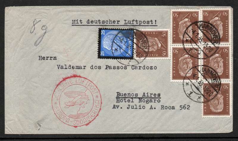 Germany 1935 Air Mail Cover Hannover to Buenos Aires Argentina.
