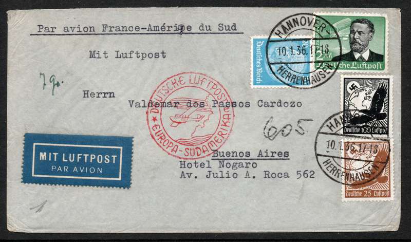 Germany 1936 Air Mail Cover Hannover to Buenos Aires Argentina with scarce 1934 2m stamp. (SG 535)