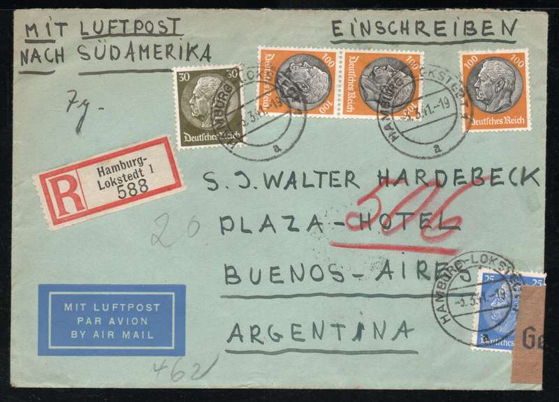 Germany 1941 WWII censored registered air mail cover from Hamburg to Buenos Aires Argentina.