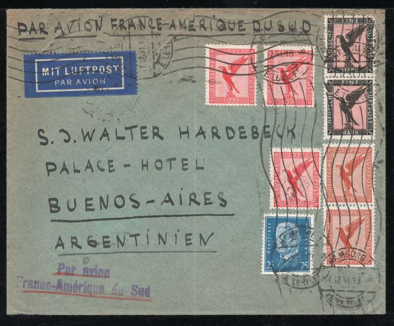 Germany 1931 Air Mail Cover from Hamburg to Buenos Aires, Argentina. 10pf, 50pf & 1M 1926 Air stamps