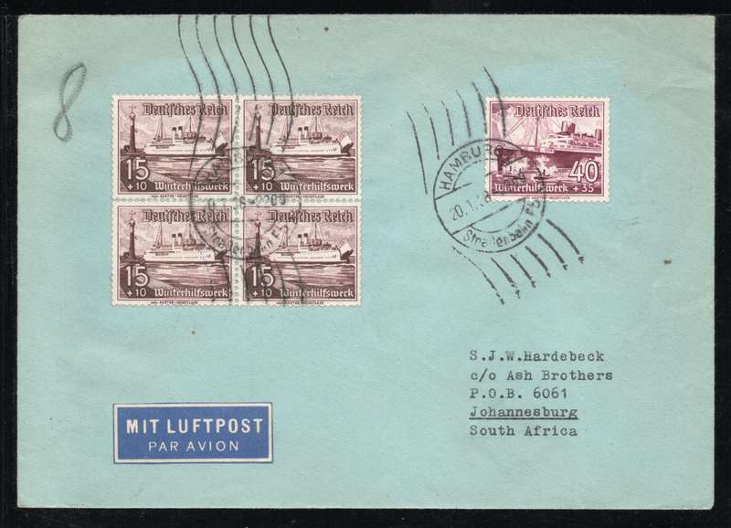 Germany 1938 Air Mail Cover from Hamburg to Johannesburg South Africa. 1937 15+10pf & 40+35pf stamps