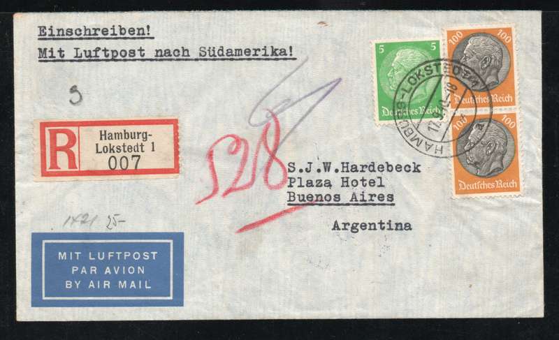 Germany 1940 WWII censored registered air mail cover from Hamburg to Buenos Aires Argentina.
