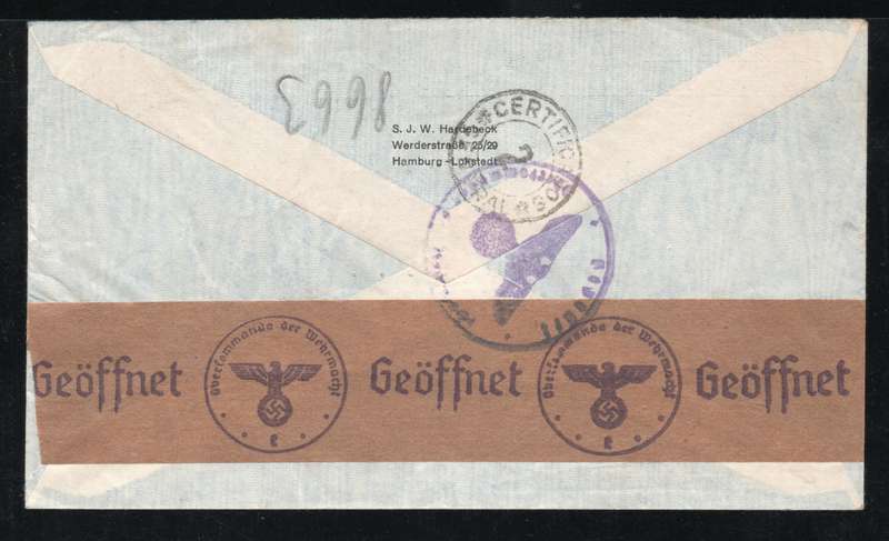 Germany 1940 WWII censored registered air mail cover from Hamburg to Buenos Aires Argentina.