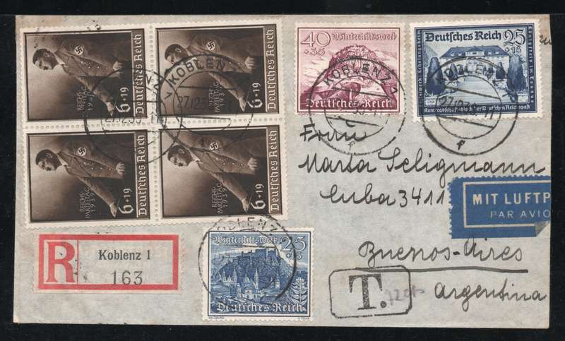 Germany 1939 Registered Air Mail cover from Koblenz to Buenos Aires Argentina. Taxed.