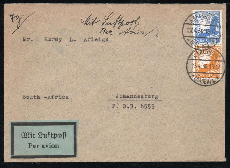 Germany 1936 Air Mail cover from Karlsrune to Johannesburg. 1934 Air 15pf & 80pf SG 528 & 533.